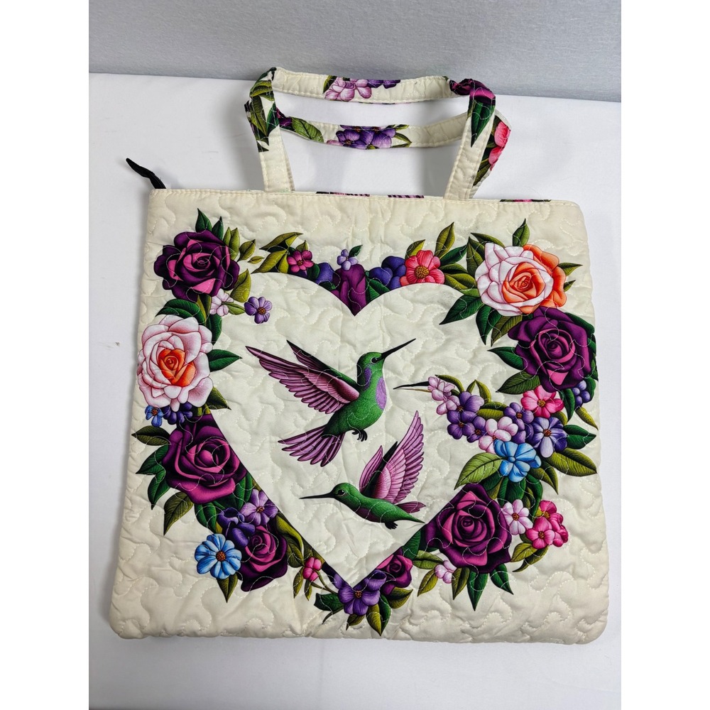 Hummingbird Floral Heart Quilted Tote Bag Women Cream Cotton Boho Zipper Pouch